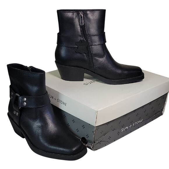 Sun + Stone Pheobie Leather Square Toe Harness Moto Ankle Boots Womens 5 NEW - Picture 1 of 14